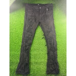 FOCUS Denim Mens 40 Black Distressed Ripped Stacked Jeans Stretch Hip Hop Casual